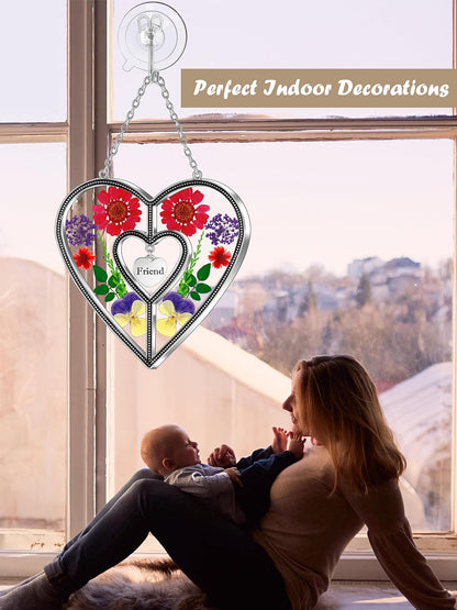 KY&BOSAM Heart Suncatcher Friend Stained Glass Hangings for Windows Real Flower Glass & Metal Maker