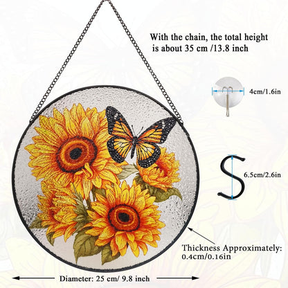 9.8'' Sunflower Butterfly Suncatcher Hanging Stained Glass Window Decor, Flowers Bush Butterfly Sun
