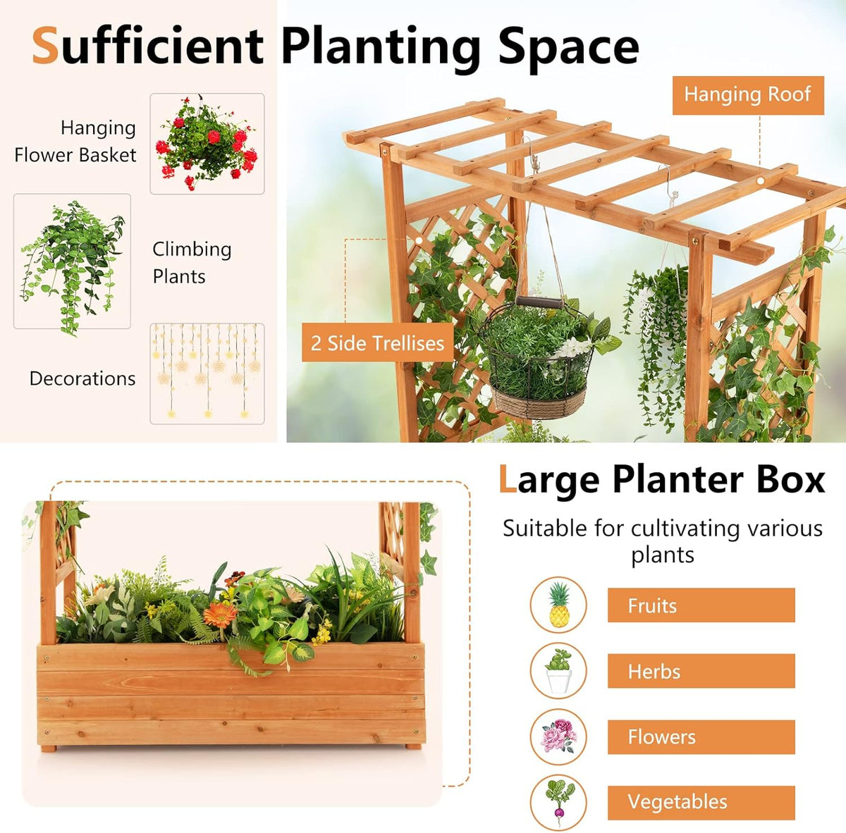 S AFSTAR Raised Garden Bed with Arch Trellis, Wood Planter Box with Hanging Roof, Side Trellis, 4