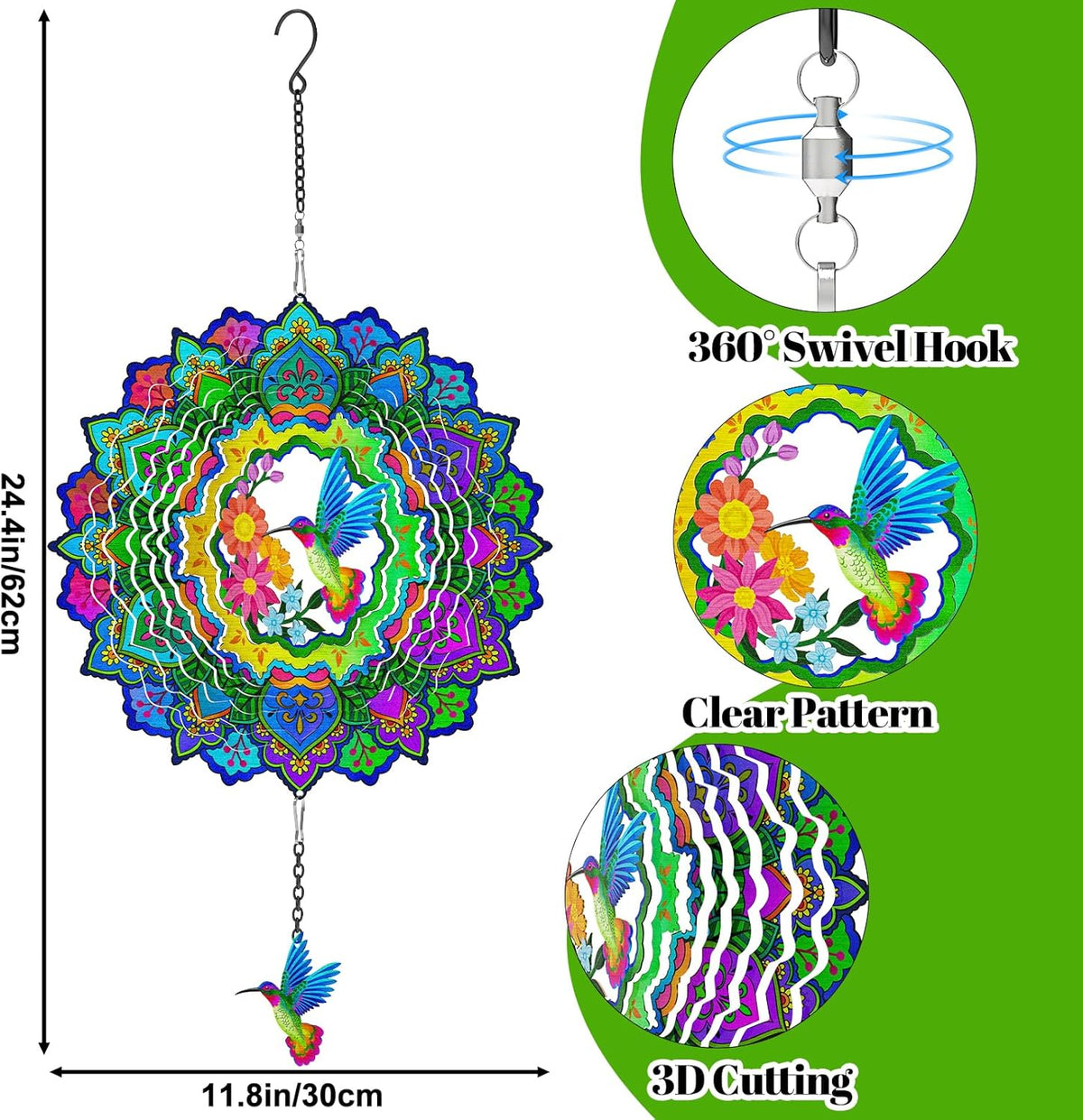 Hummingbird Wind Spinners, 12In Hanging Wind Spinner for Women Mom Grandma, 3D Stainless Steel