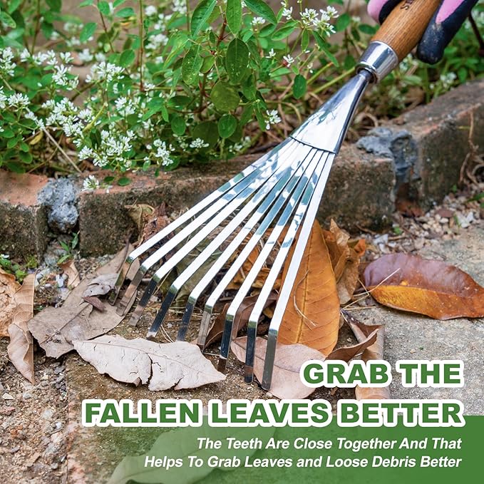 Haliaeetus Garden Hand Rake, 14.6'' Small Rake for Tight Areas, 9 Tines Stainless Steel with