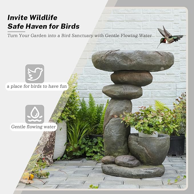 27.6" Tall Outdoor Fountain for Garden, Patio, Yard – Vertical Space-Saving Design, Made of Resin &