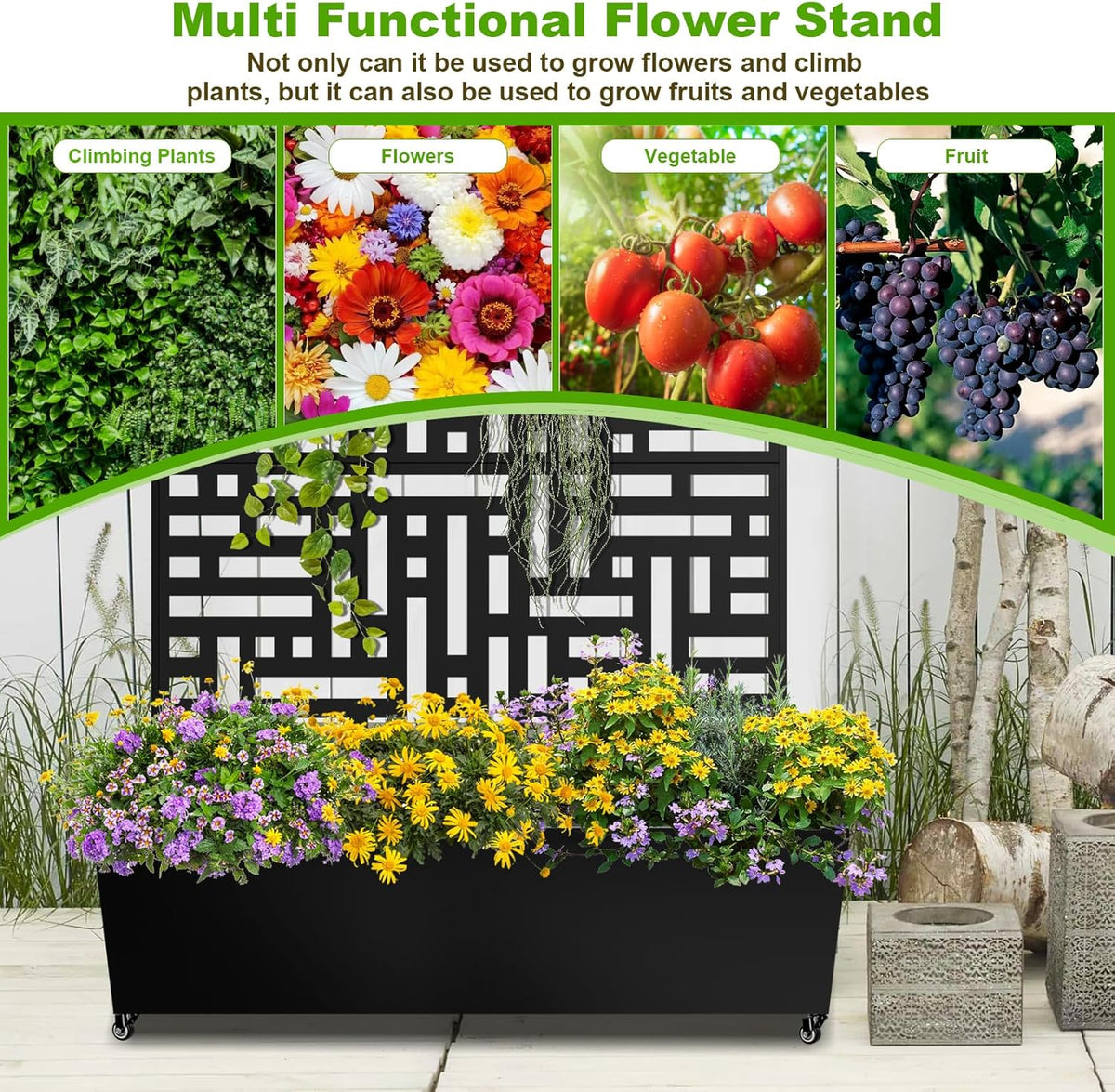 Metal Planter Box with Trellis, 72"x47"x16" Metal Raised Garden Bed with Trellis, Trellis Planter