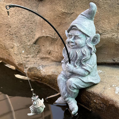 Garden Gnome Pond Statue Decoration, Fishing Gnome Garden Statue Outdoor Koi Pond or Waterfall