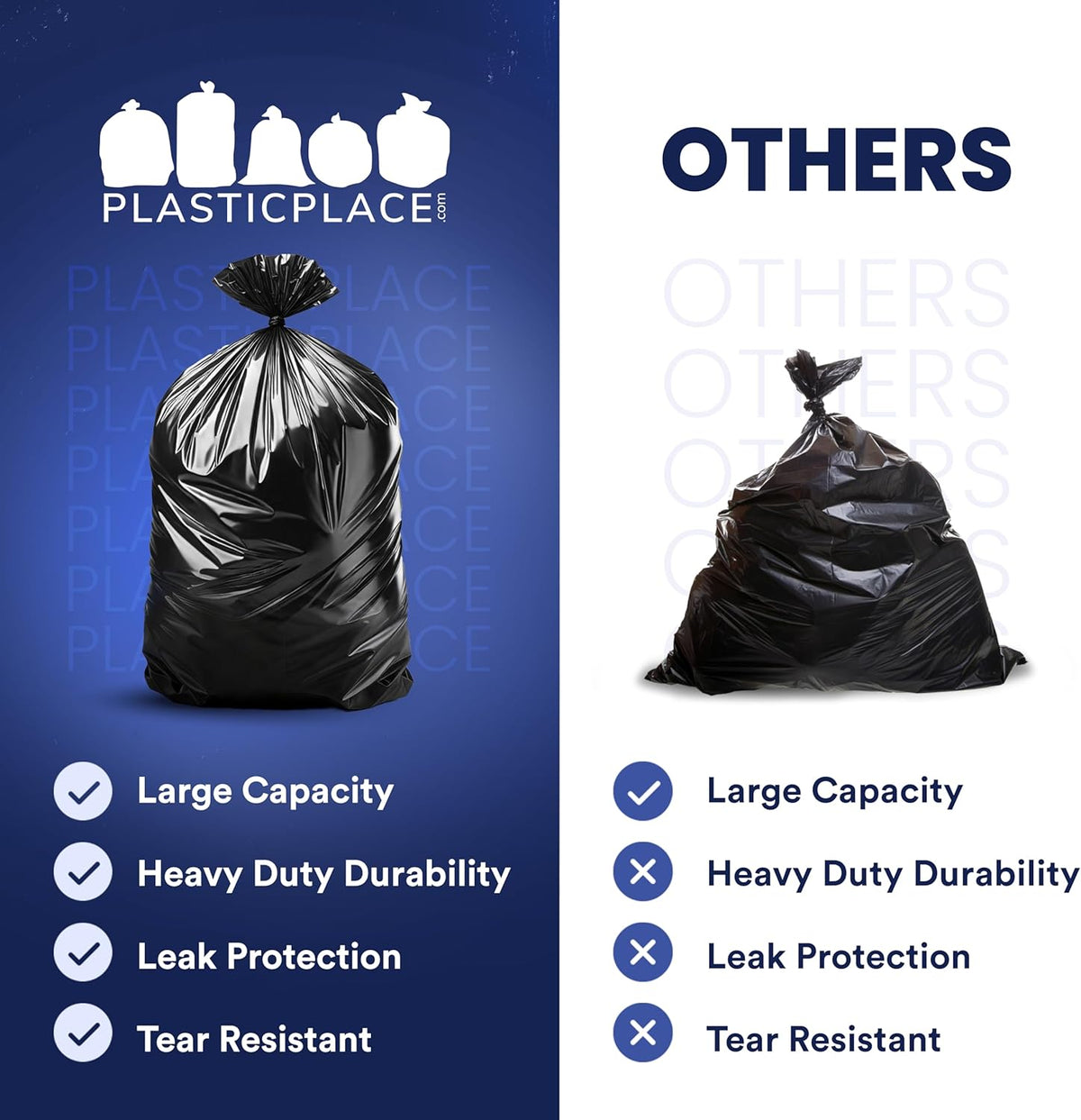 Plasticplace 55-60 Gallon Trash Bags │ 1.2 Mil │ Black Heavy Duty Garbage Can Liners │ 38” x 58”