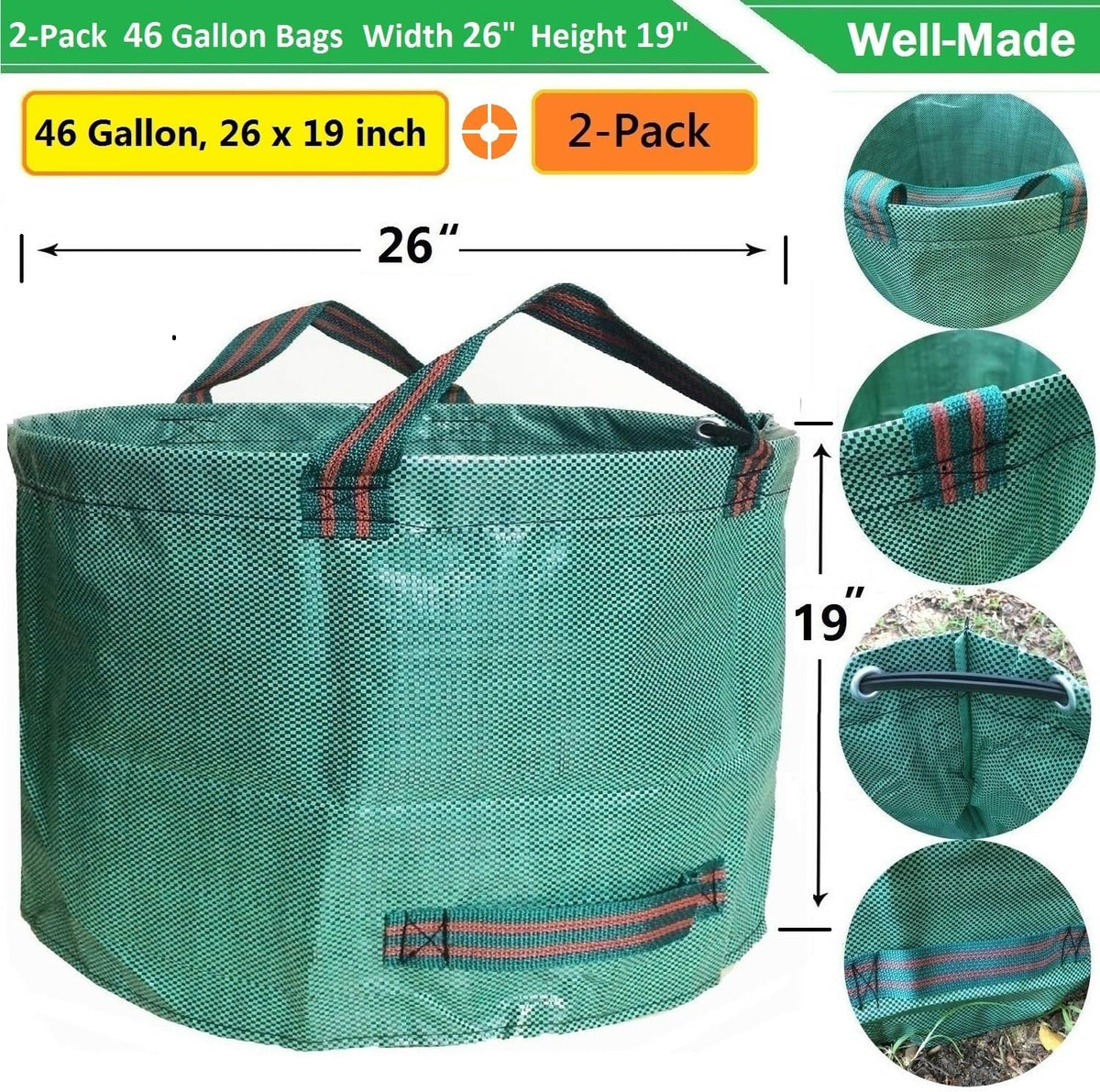 Standard 2-Pack 46 Gallon Yard Garden Bags (D26, H19 inch) with Gloves for Yard Waste Bags,Lawn