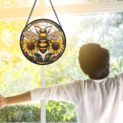 Stained Glass Window Hanging - Bee Sunflower Yellow Suncatcher Ready to Hang Window Doors Home