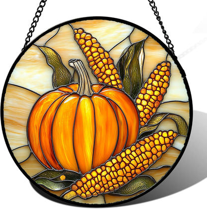 Stained Glass Window Hanging Autumn Harvest Pumpkin Corn 7.8" - Suncatcher Door Garden Kitchen