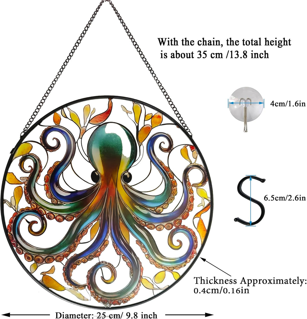 Octopus Stained Glass Window Hanging, 9.8’’ Sun Catcher Glass Panel Ocean Theme Wall Art Decor with