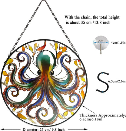 Octopus Stained Glass Window Hanging, 9.8’’ Sun Catcher Glass Panel Ocean Theme Wall Art Decor with