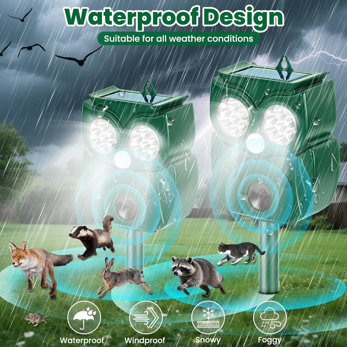 Solar Ultrasonic Animal Repellent Outdoor, 2Pack Waterproof Deer Repellent Devices with RIP Motion