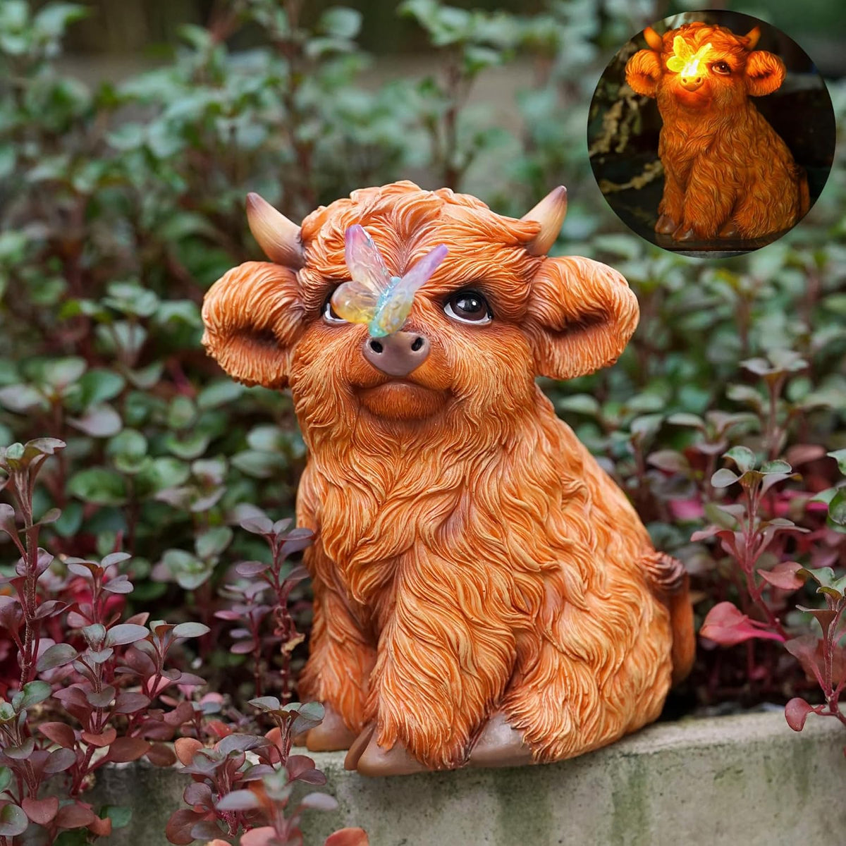 Highland Cow Solar Powered Outdoor Garden Statue, Resin Highland Cow Statue with Solar Light
