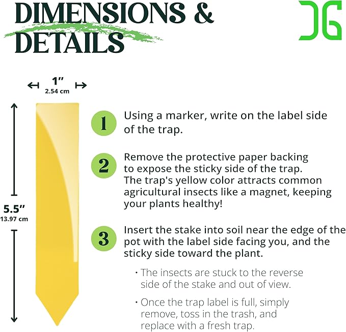 Catchmaster Dual Action Plant Labels 100 PK, Sticky Insect Trap Plant Stakes, for Live Plants