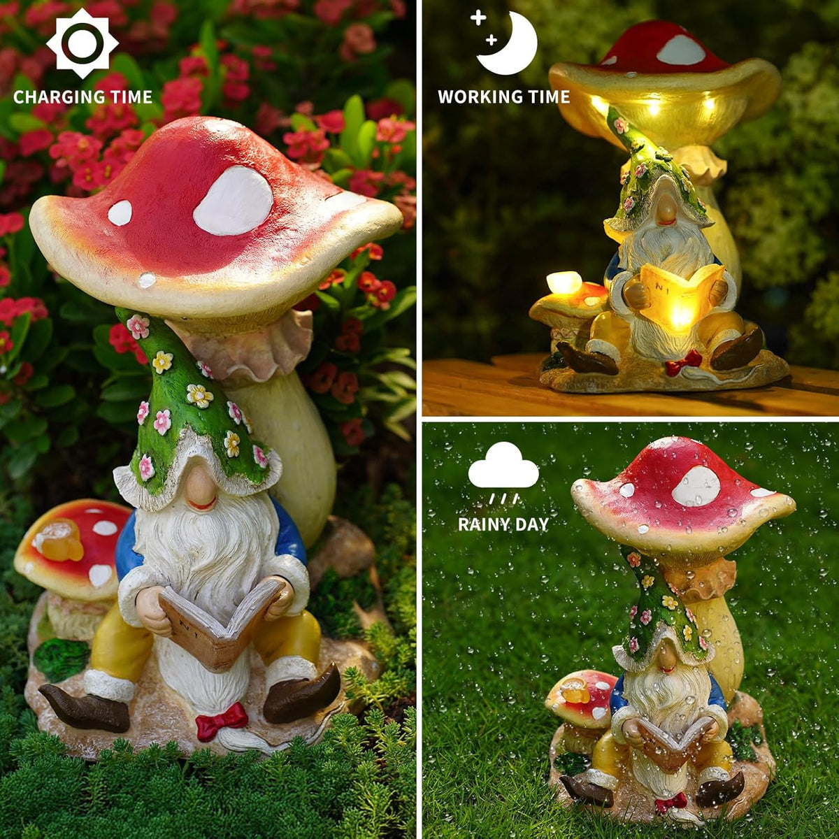 Solar Garden Outdoor Statues Gnome Reading Under Mushroom with 5 LED Solar Figurine for