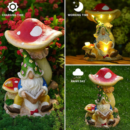 Solar Garden Outdoor Statues Gnome Reading Under Mushroom with 5 LED Solar Figurine for