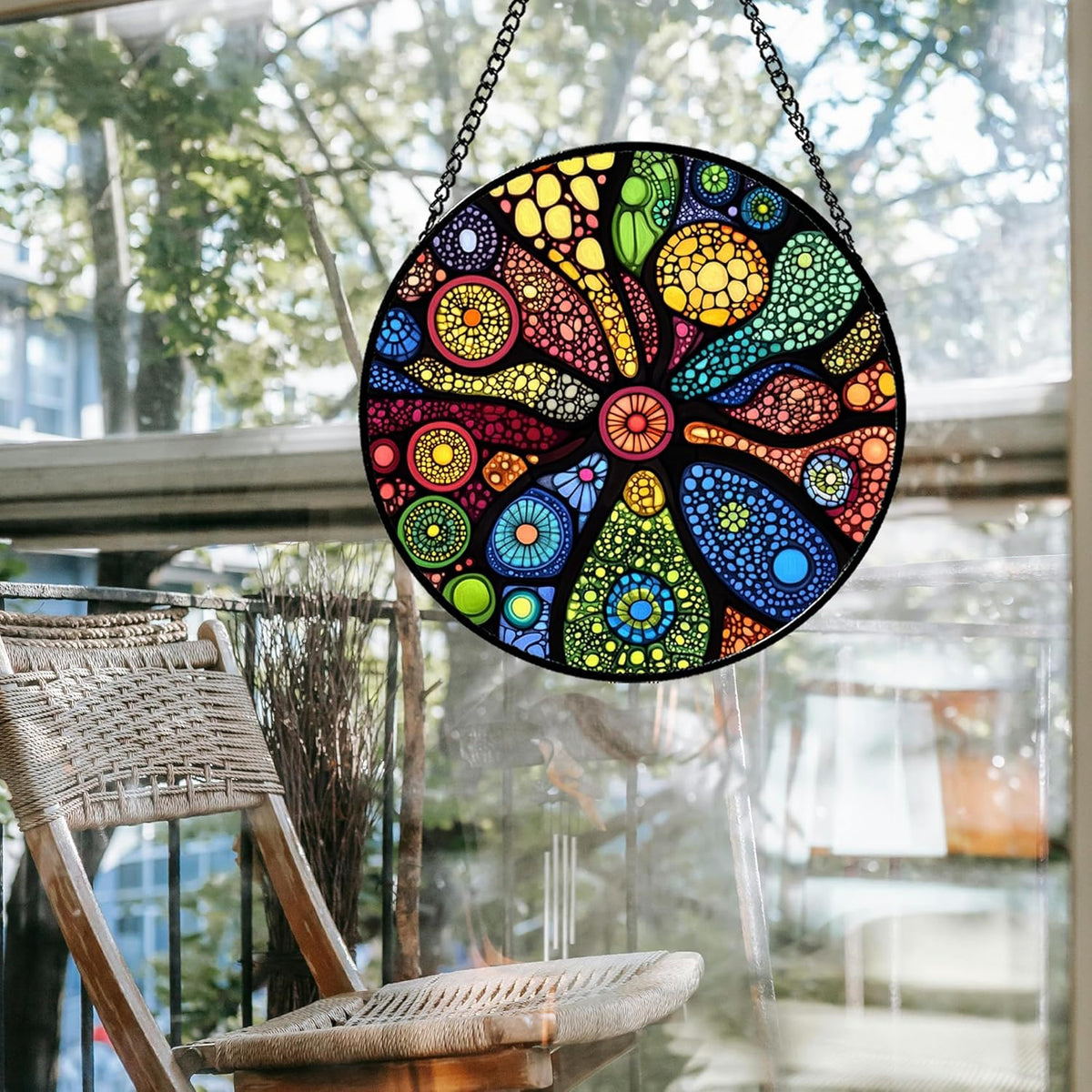 Stained Glass Window Hanging Colorful Abstract Plants 9.8" - Retro Boho Suncatcher Door Garden Sun