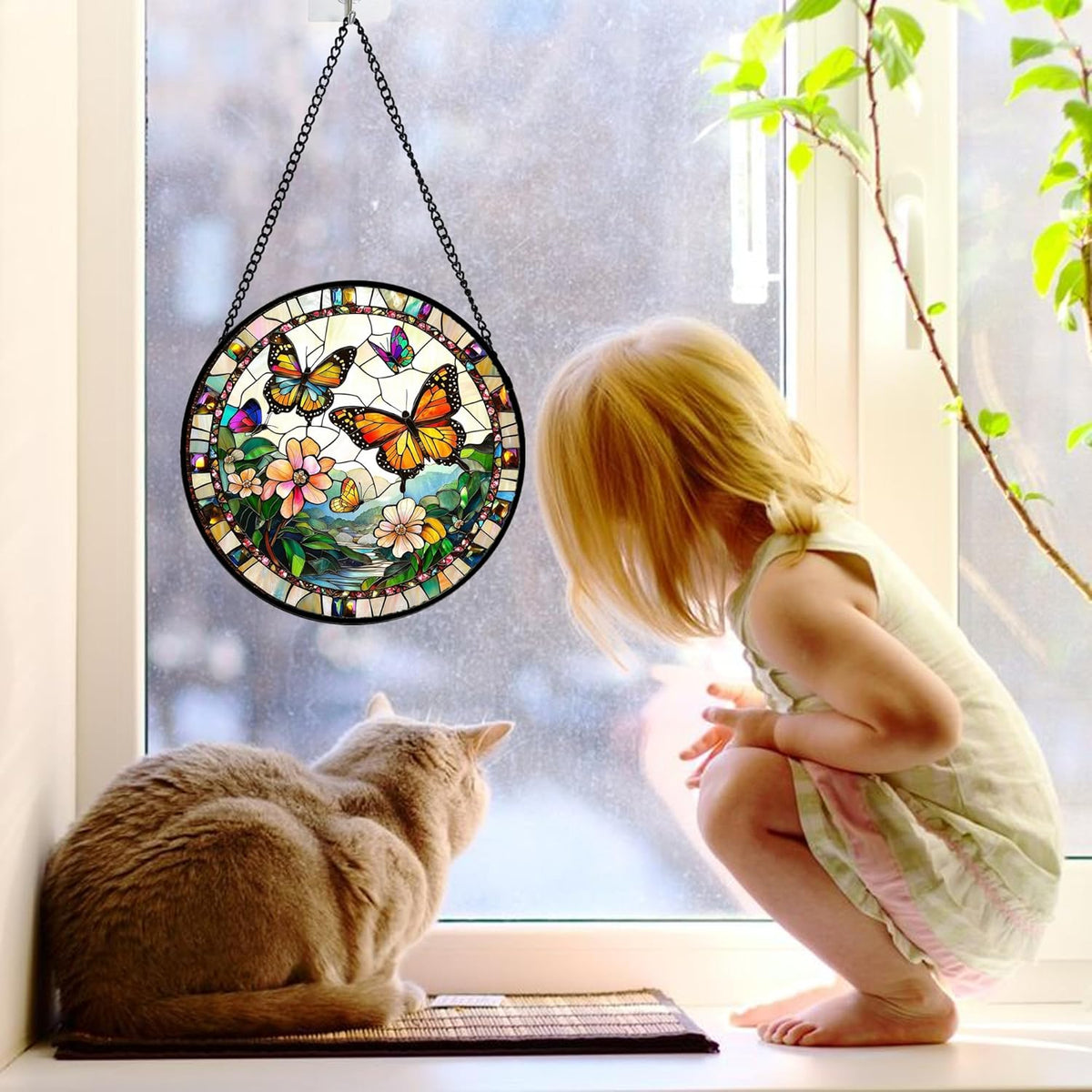 Stained Glass Window Hanging, Butterflies Flying in The Sky Suncatcher for Doors Home Sun Catchers
