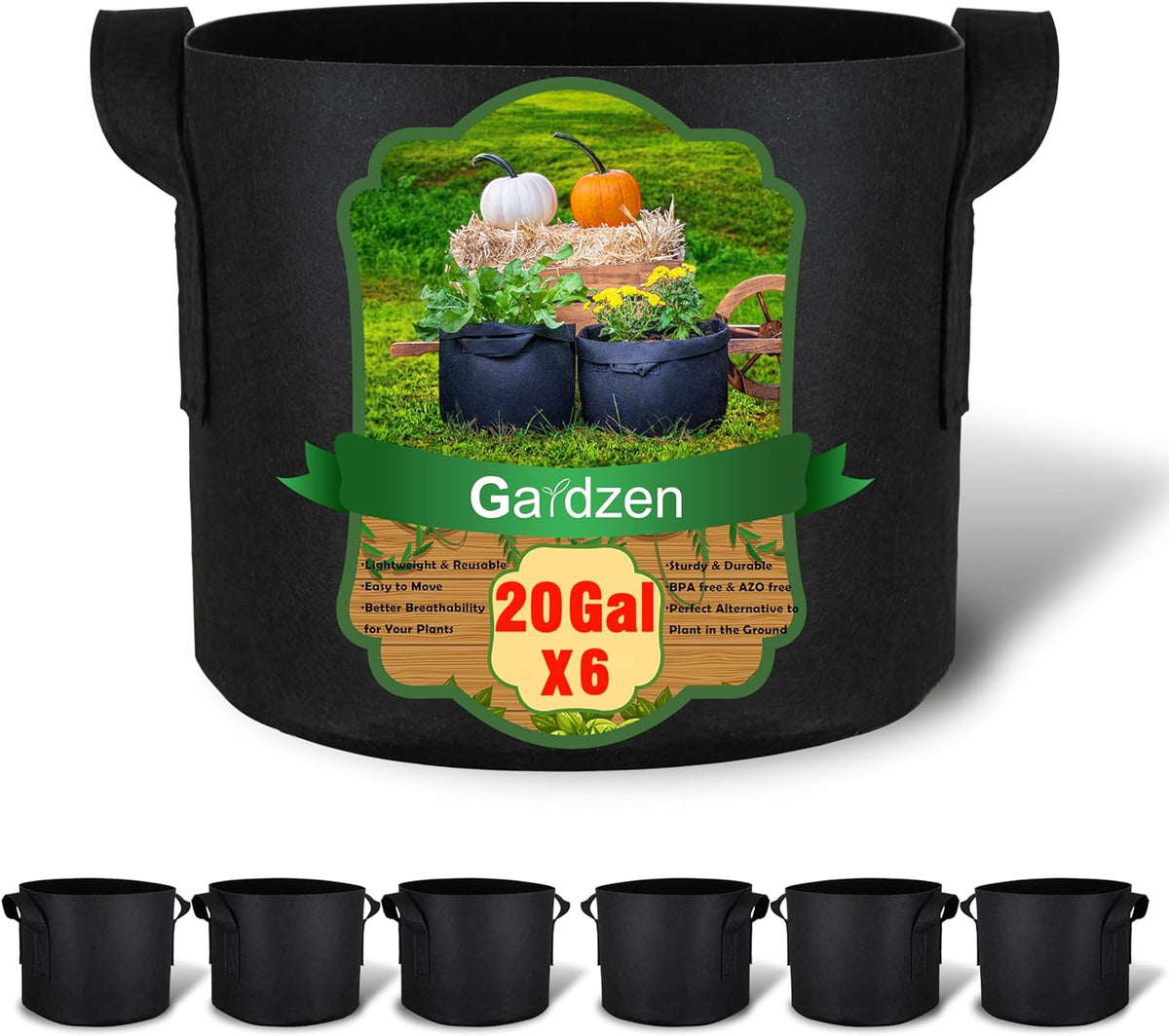 Gardzen 6-Pack 20 Gallon Grow Bags, Aeration Fabric Pots with Handles, Heavy Duty Cloth Pots for