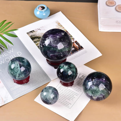 JIC Gem Large Crystal Sphere with Stand Colorful Fluorite Crystal Ball Gemstone Decorative Ball for