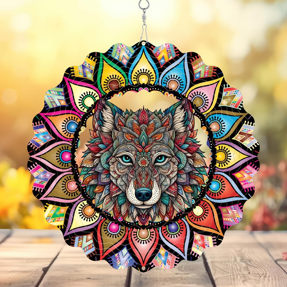 Hanging Wolf Wind Spinner for Outdoor Indoor 3D Stainless Steel Wind Sculptures 10 Inch Cool Animal
