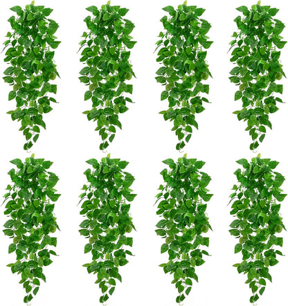 BLEUM CADE 8Pcs Fake Hanging Plants, 9 Branch Artificial Hanging Plant, Lush Faux Pothos Vines for