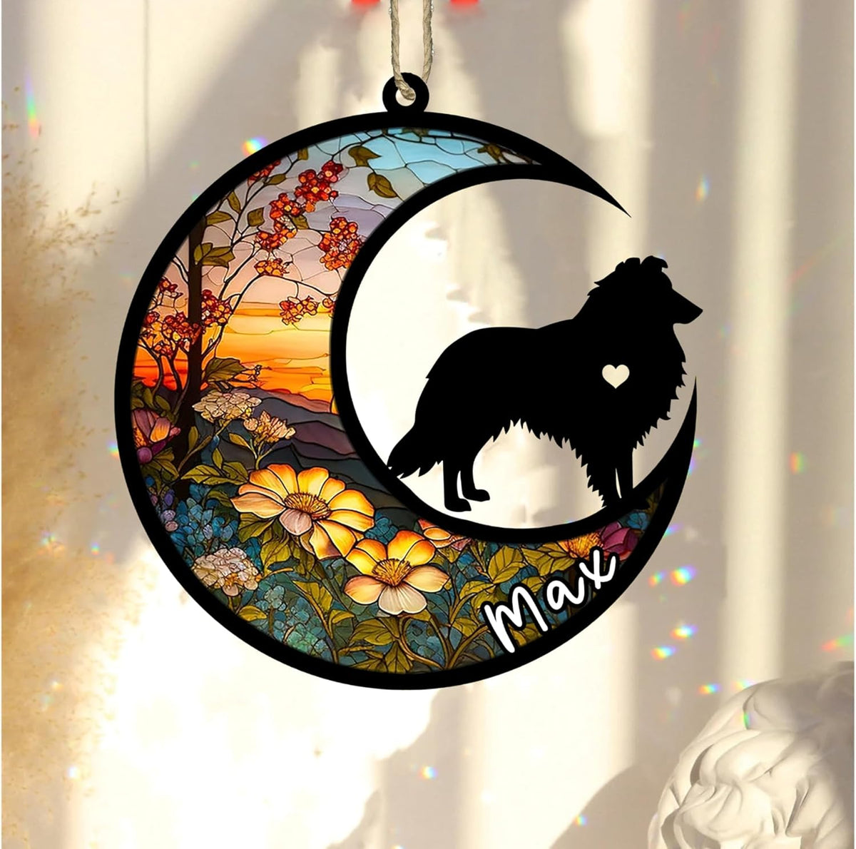 NAZENTI Shetland Sheepdog-Sheltie Hanging Ornament, Personalized Pet Memorial Suncatcher with Name