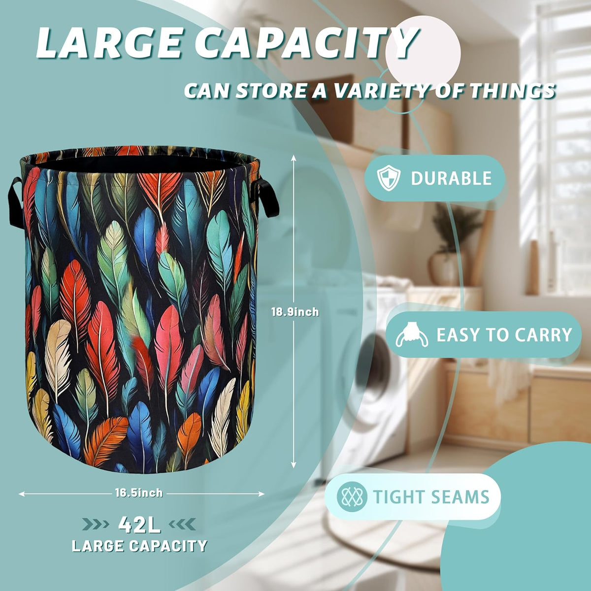 Feathers Laundry Basket Foldable With Handles Funny Tote Bag Oxford Cloth Colorful Feather Laundry