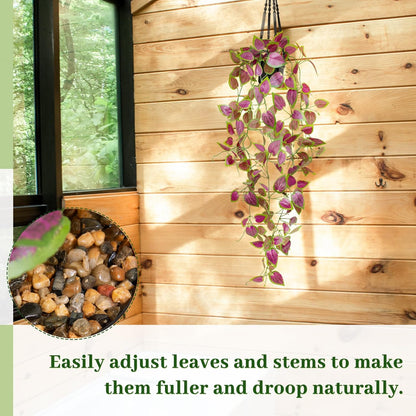 Artificial Hanging Potted Plants, Small Fake Purple Potted Plant Faux Ivy Vine Plant for Shelf Home