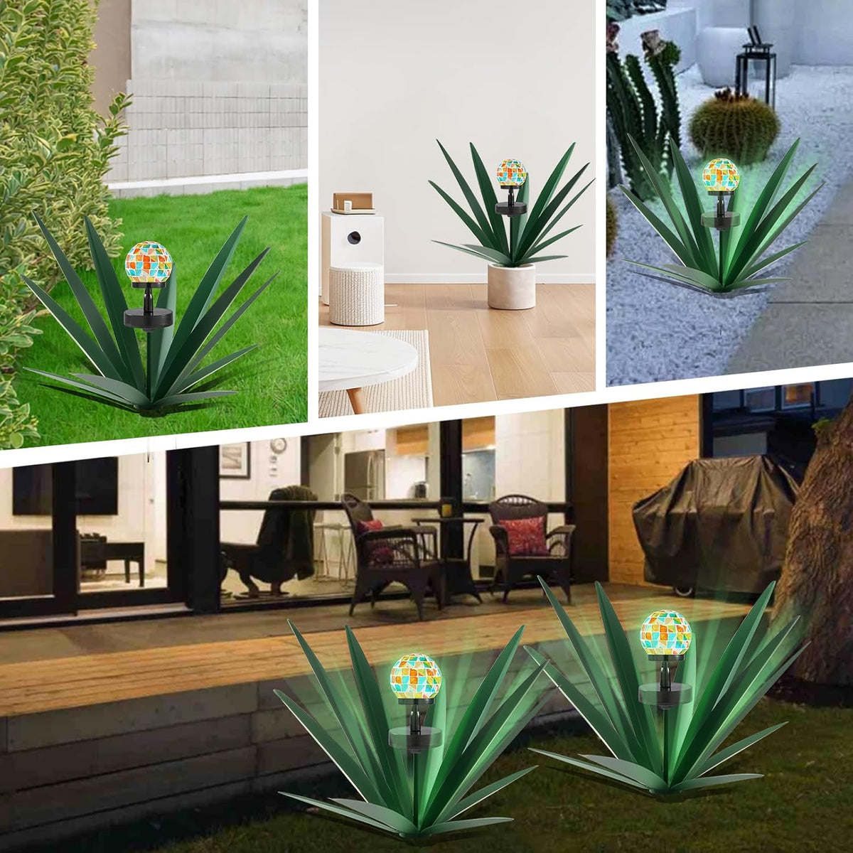 TOMBABY Solar Rustic Garden Style Metal Agave Plants Outdoor Patio, Home Decor Hand-Painted Metal