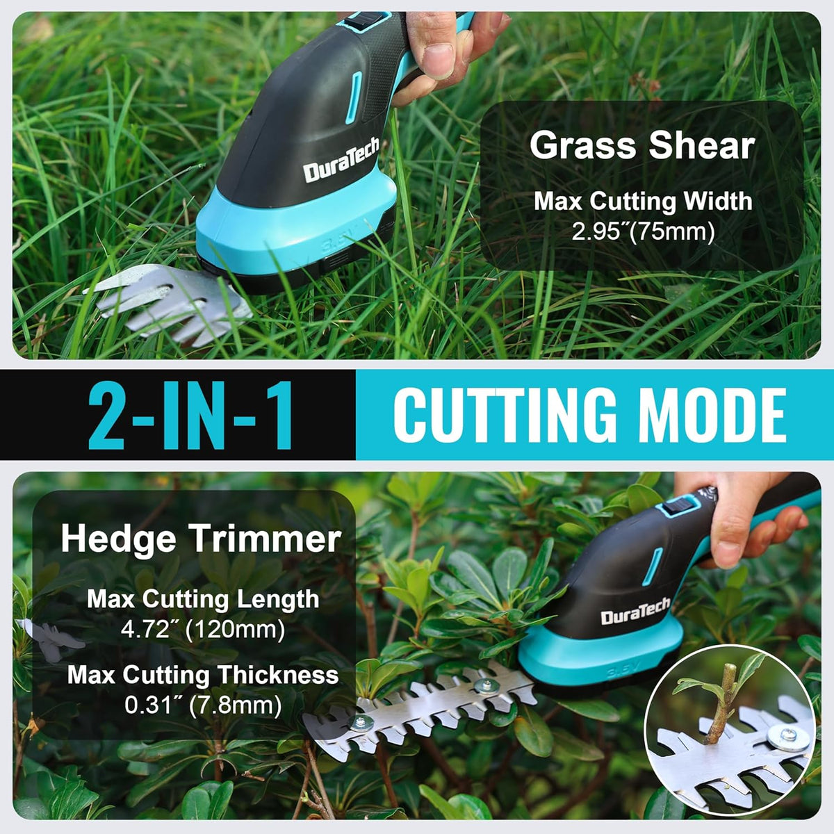 DURATECH Cordless Hedge Trimmer, 3.6V 2-in-1 Handheld Rechargeable Grass Trimmer & Hedge Shears