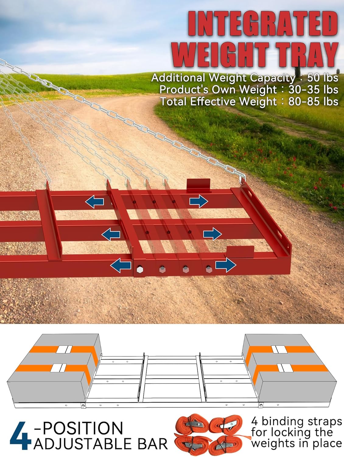 4ft Heavy Duty Drag Harrow for ATV, UTV, Tractor - Adjustable Tow Behind Leveling Rake with Weight