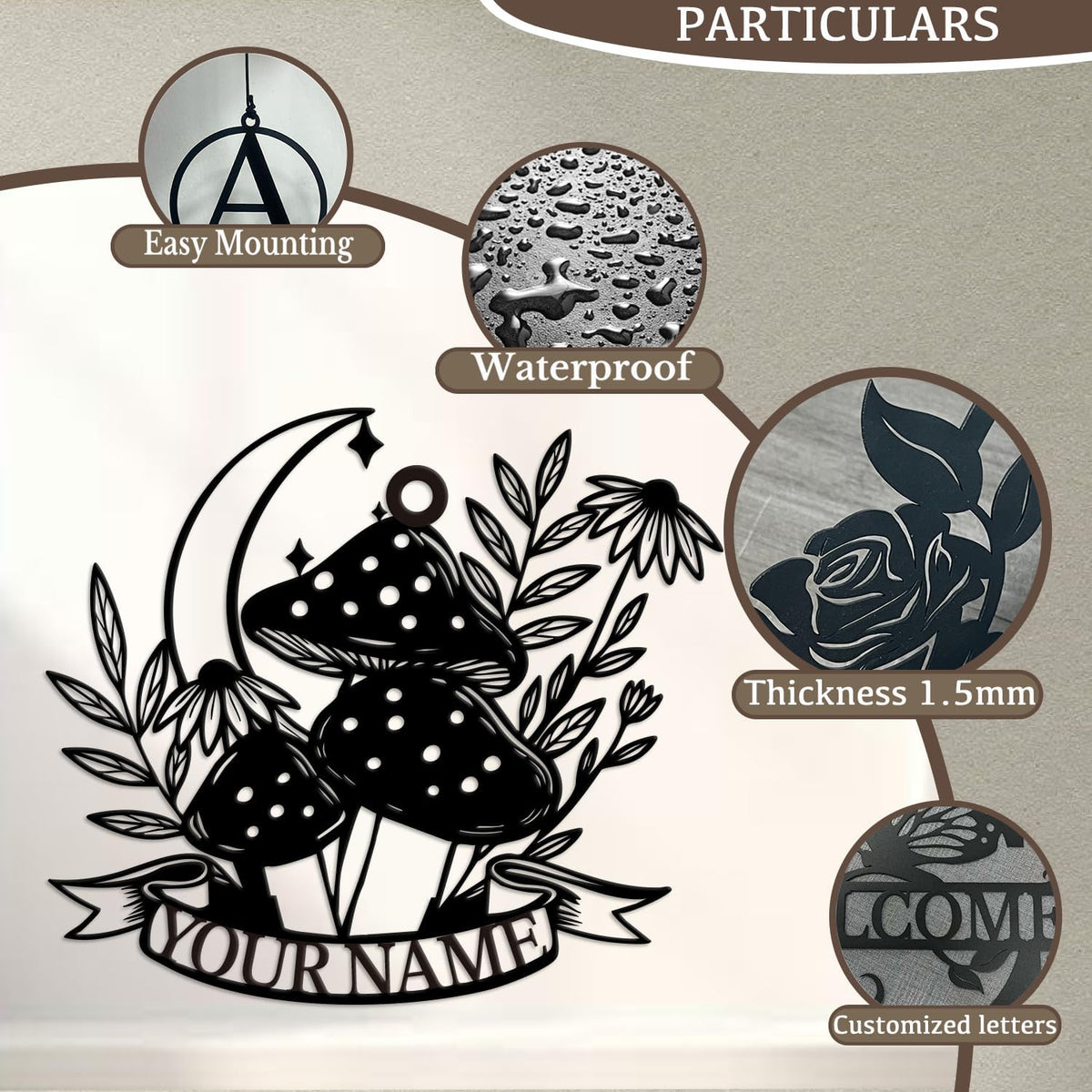 Personalized Customize Name Fantasy Mushroom Wonderland Wind Chime, Metal Iron 37 Inch Outdoor