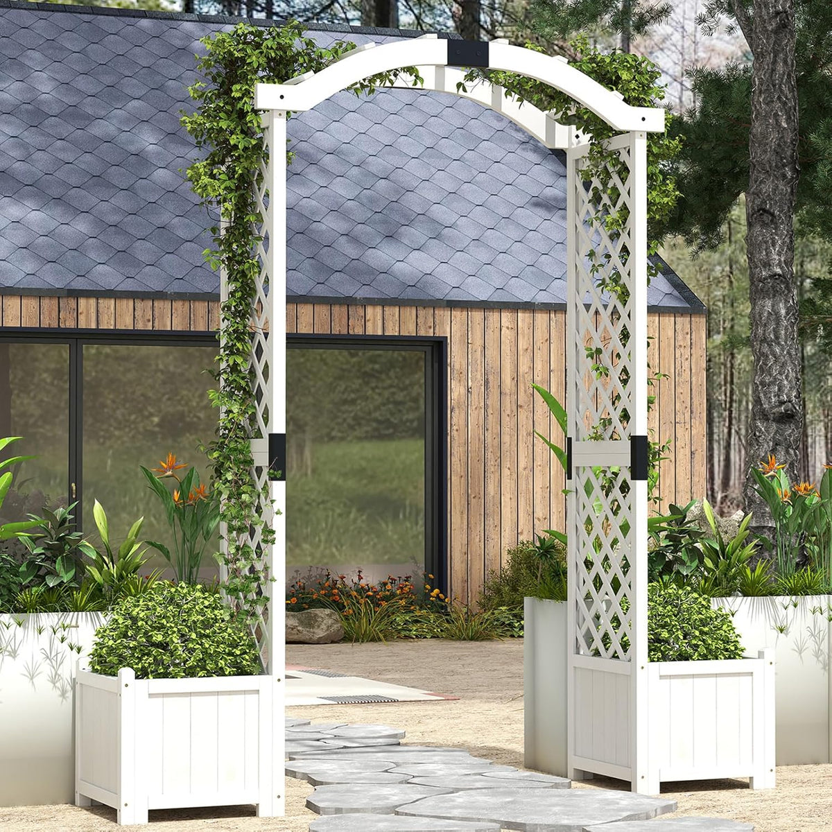 Giantex Garden Arbor with Planter Boxes, Wooden Arch with Trellis and Raised Garden Bed for