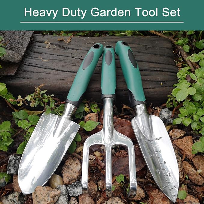 FANHAO Garden Tools Set, 3 Piece Heavy Duty Gardening Tools Cast Aluminum with Soft Rubberized