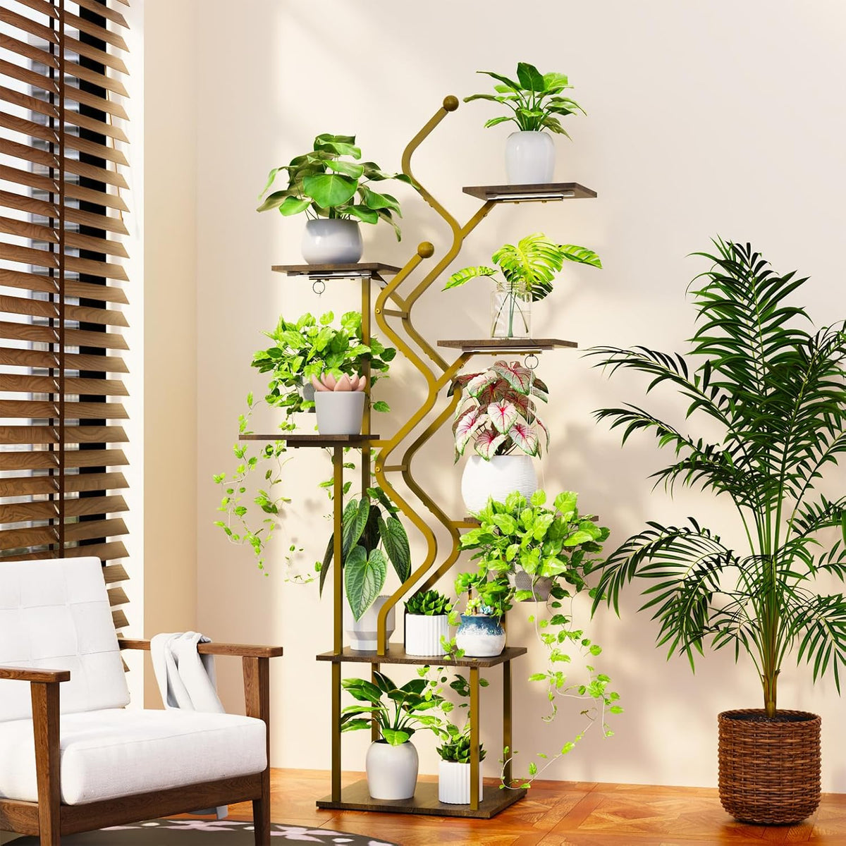 Bstrip 63 Inch Plant Stand with Grow Light, 7-Tier Indoor Plant Shelf with Hanging Hooks, Decor