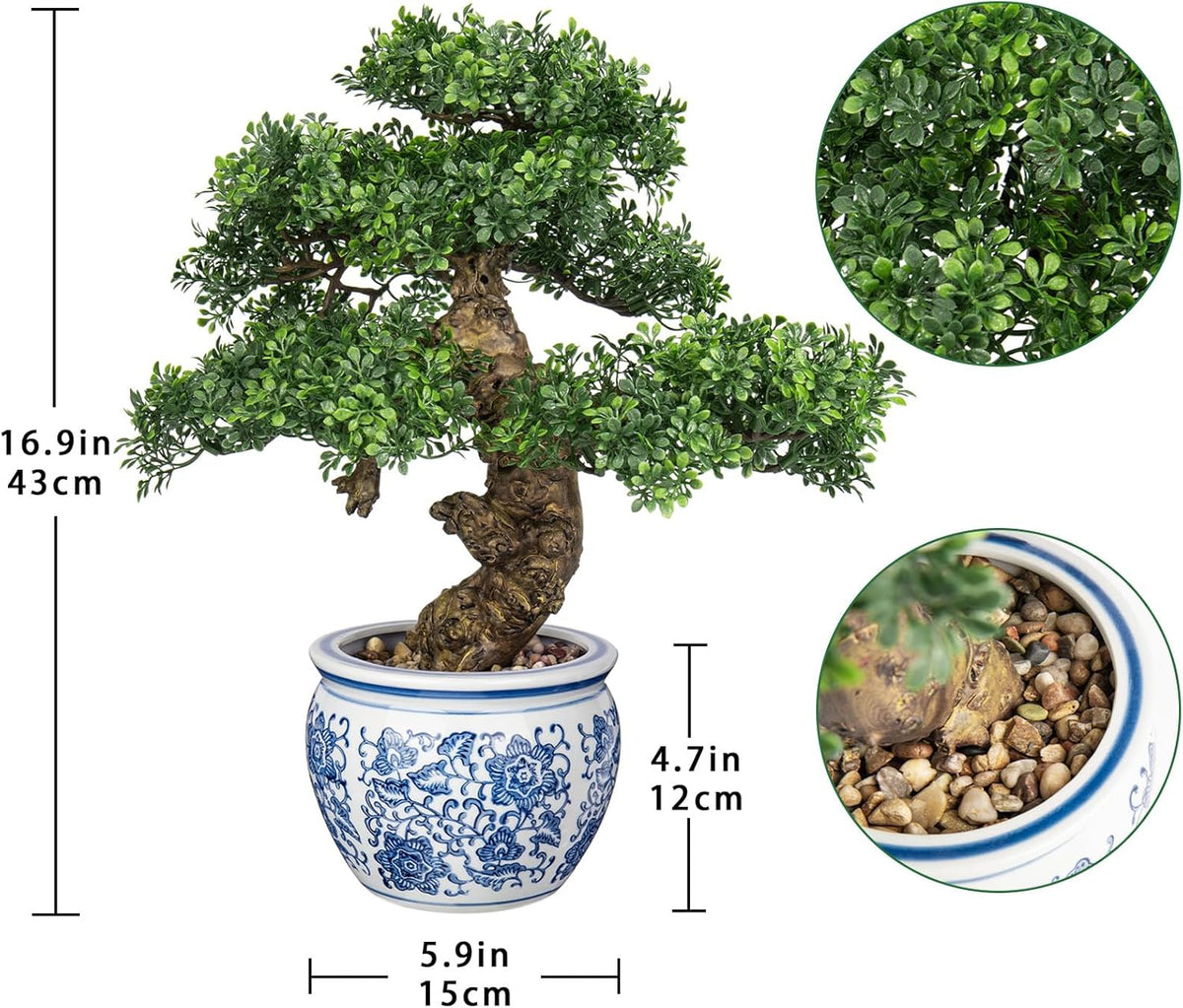 Fake Bonsai Tree Bonsai Plant 17” Tall Artificial Bonsai Trees with Blue and White Porcelain