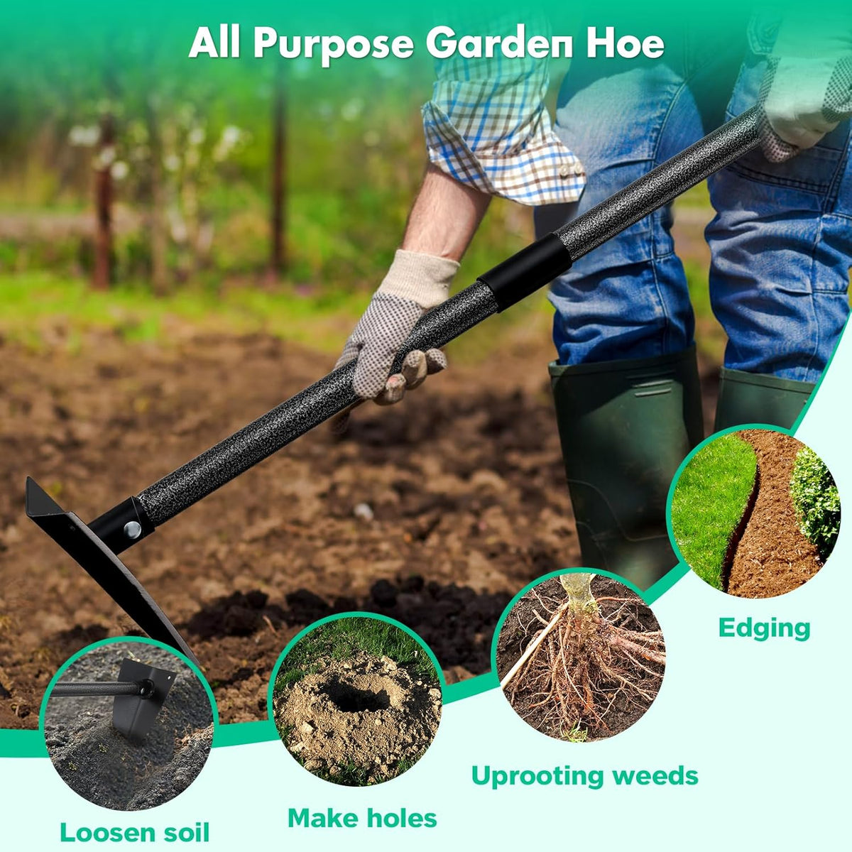 Garden Hoe, Heavy Duty Trenching Hoes with 60 Inch Long Handle, Sharp Edge Triangle Weeding Hoe
