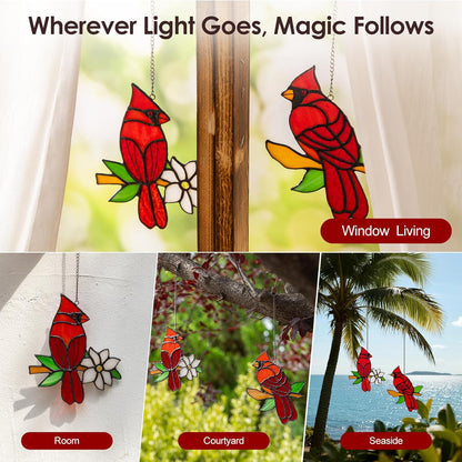 2-Pack Handmade Cardinal Stained Glass Window Hanging Suncatchers – Memorial Gifts for Women, Bird