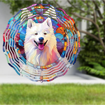 Samoyed Wind Spinner Pet Dog Memorial Gifts 3D Aluminum Metal Kinetic Hanging Wind Sculpture