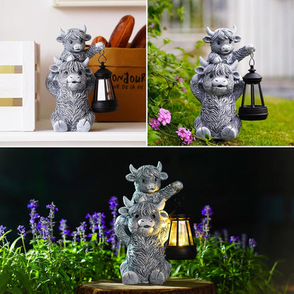 Solar Highland Cow Garden Decor - Resin Cow Statue with Solar Lantern Outdoor Yard Patio Decor