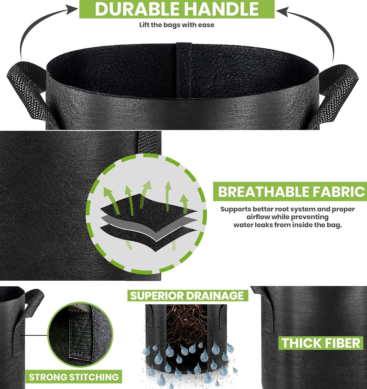 Gardenera Premium Fabric Grow Bags - Set of 5-10 Gallon Durable Nonwoven Plant Pots for Indoor and