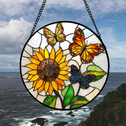 Stained Glass Window Hanging, Butterfly and Sunflowers Sun Catchers Glass Panel Plant Insects