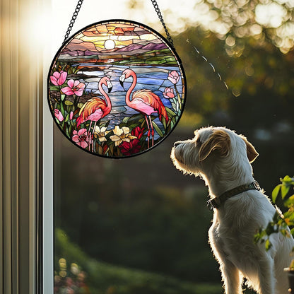 Stained Glass Window Hanging - Flamingo Wildflowers Landscape Suncatcher for Door Terrace Garden