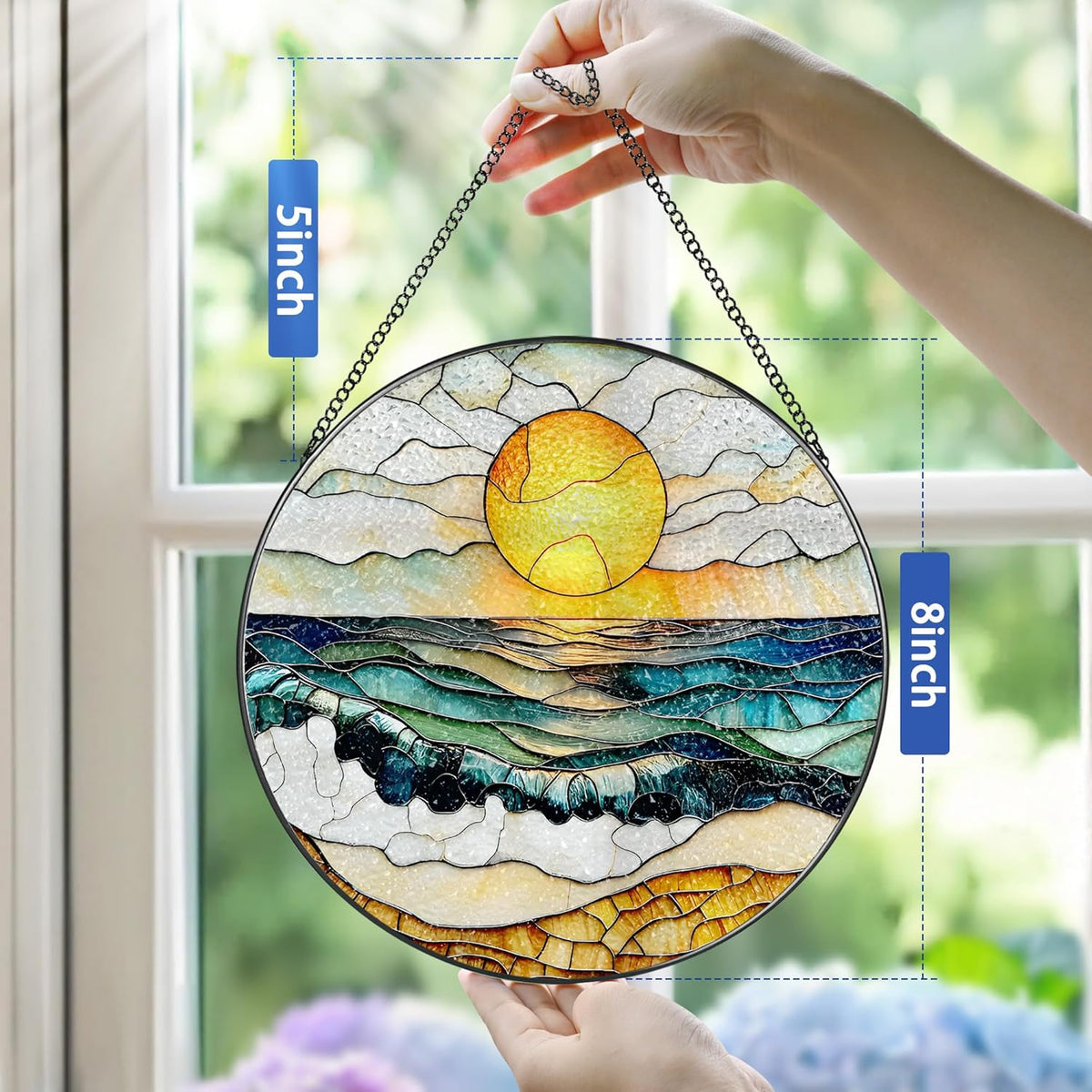 8-Inch Stained Glass Ornament, Stained Glass Window Hanging, Window Hanging Decor Suncatcher, Beach