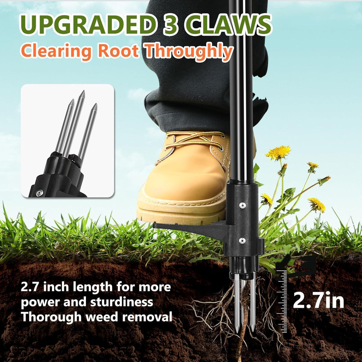 SHANTRA Weed Puller Tool, 3-Claw Stand Up Weed Puller Tool with Long Handle, Garden Weeder Puller