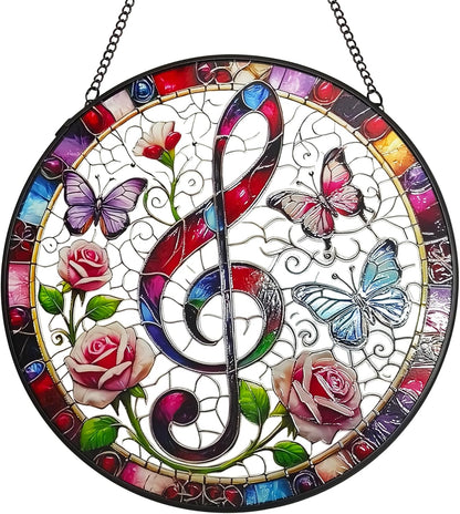 Treble Clef Stained Glass Window Hanging, 7.9'' Musical Note Suncatcher Window Decoration Music