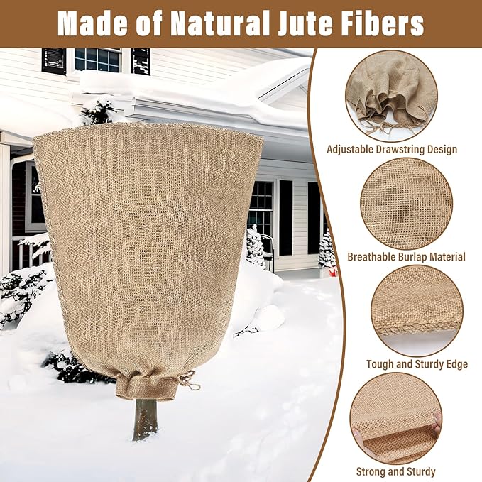 Riare 4 Packs 40 × 47 Inch Burlap Winter Plant Cover Bags with Drawstring- Reusable Large Burlap