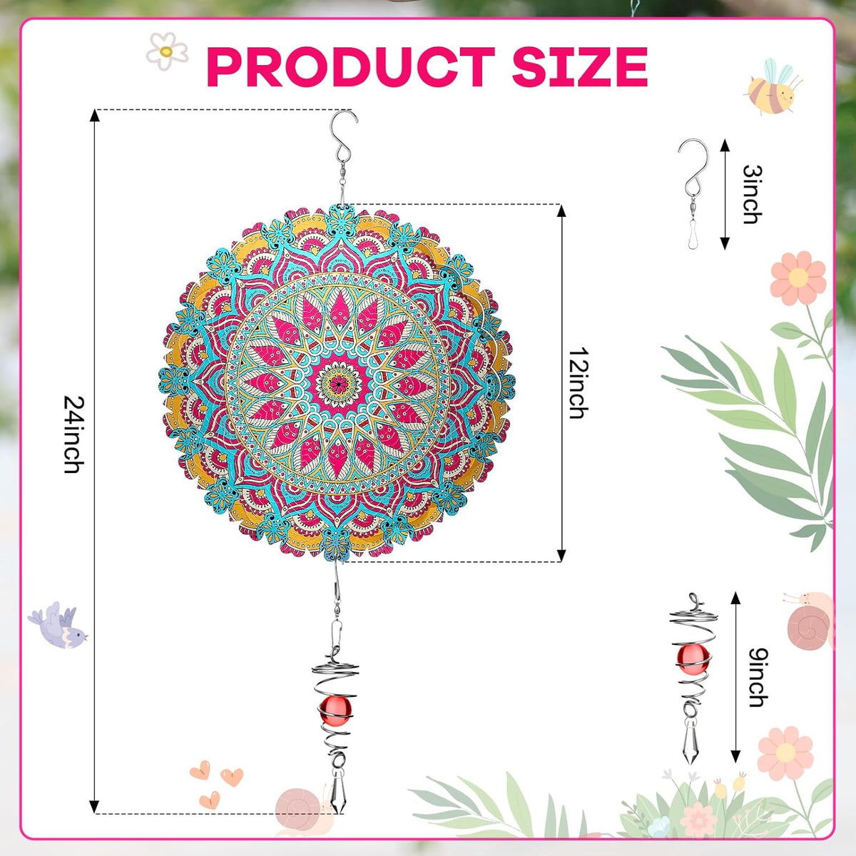 12 Inch Mandala Wind Spinners with Gazing Ball Spiral Tail, Outdoor 3D Stainless Steel Hanging