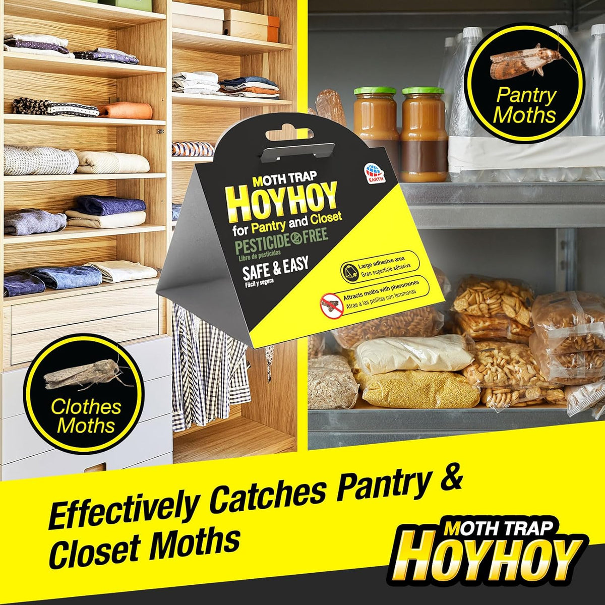 HOY HOY Pheromone-Infused Glue Traps – 4 Traps (2 Packs), Effective for Pantry & Closet Moths, Dual