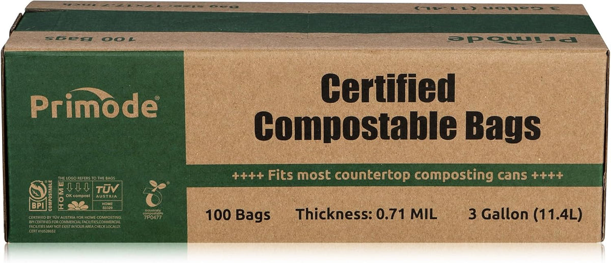 Primode Compostable Bags, 3 Gallon Food Scraps Yard Waste Bags, 100 Count, Extra Thick 0.71 Mil.